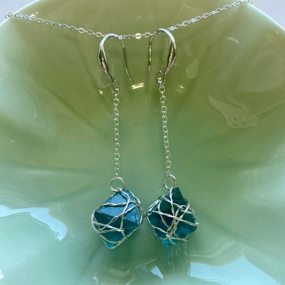Silver and Blue Fluorite Octahedron Dangle Earrings E3
